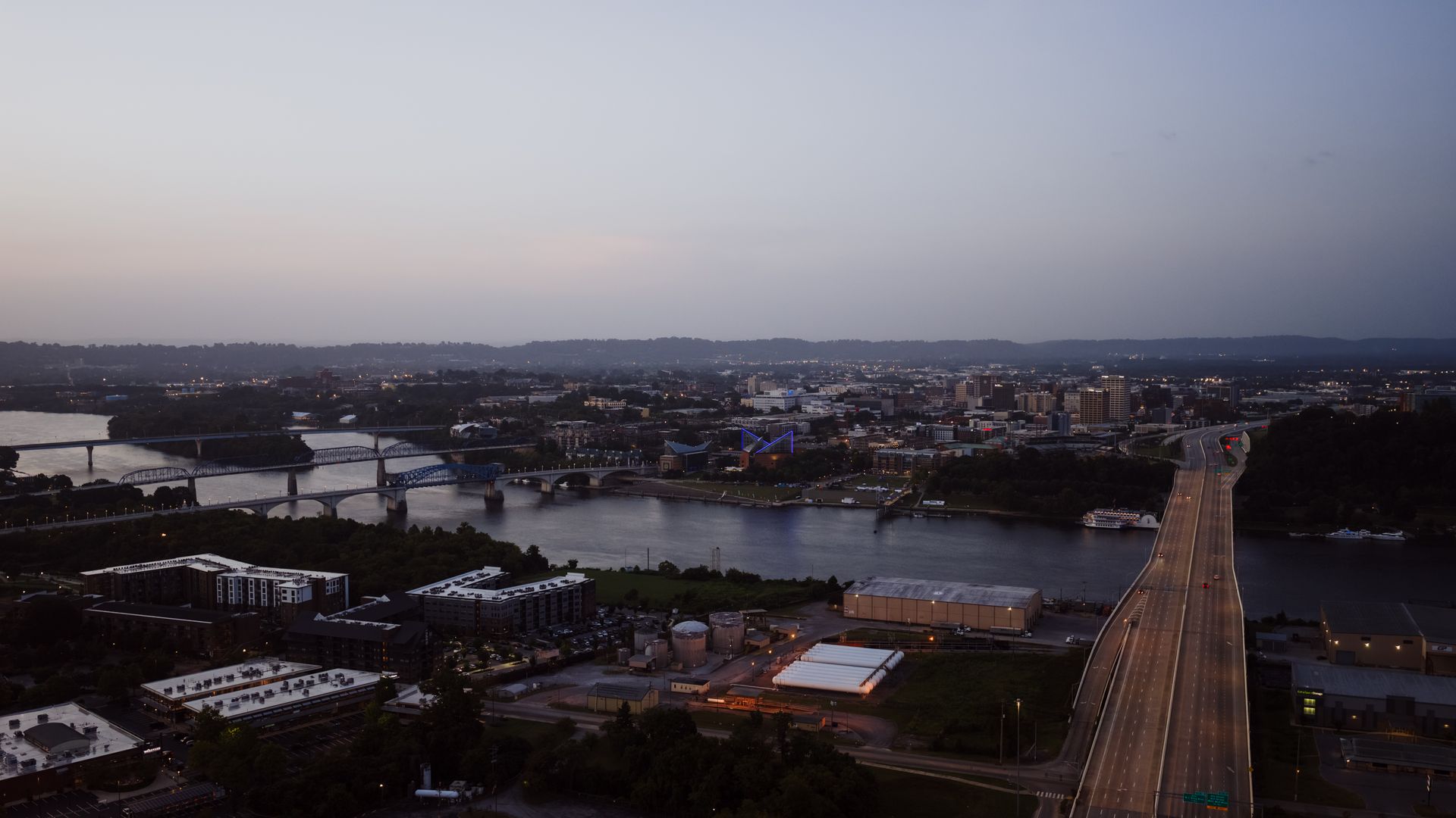 Chattanooga skyline along the Tennessee River at dusk